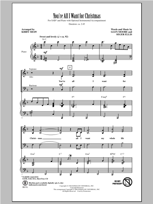 Bing Crosby You're All I Want For Christmas (arr. Kirby Shaw) sheet music notes and chords. Download Printable PDF.