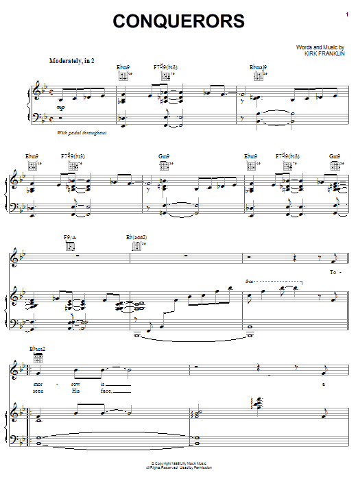 Learn to play Kirk Franklin Conquerors sheet music for Piano, Vocal & Guitar Chords (Right-Hand Melody) in minutes. Price: 7.8900$ Kirk Franklin Conquerors sheet music notes and chords arranged for Piano, Vocal & Guitar Chords (Right-Hand Melody)