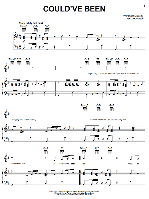 Learn to play Kirk Franklin Could've Been sheet music for Piano, Vocal & Guitar Chords (Right-Hand Melody) in minutes. Price: 7.8900$ Kirk Franklin Could've Been sheet music notes and chords arranged for Piano, Vocal & Guitar Chords (Right-Hand Melody)