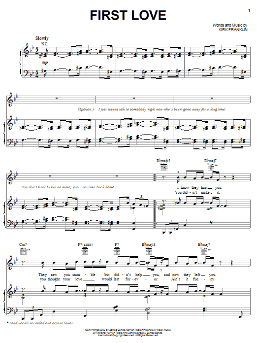 Learn to play Kirk Franklin First Love sheet music for Piano, Vocal & Guitar Chords (Right-Hand Melody) in minutes. Price: 7.8900$ Kirk Franklin First Love sheet music notes and chords arranged for Piano, Vocal & Guitar Chords (Right-Hand Melody)