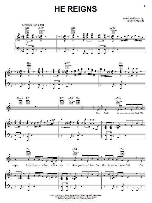 Learn to play Kirk Franklin He Reigns sheet music for Piano, Vocal & Guitar Chords (Right-Hand Melody) in minutes. Price: 7.8900$ Kirk Franklin He Reigns sheet music notes and chords arranged for Piano, Vocal & Guitar Chords (Right-Hand Melody)