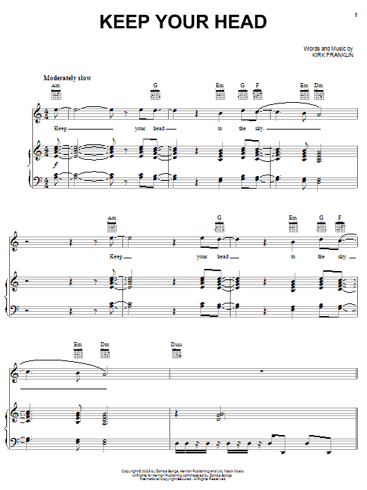 Learn to play Kirk Franklin Keep Your Head sheet music for Piano, Vocal & Guitar Chords (Right-Hand Melody) in minutes. Price: 7.8900$ Kirk Franklin Keep Your Head sheet music notes and chords arranged for Piano, Vocal & Guitar Chords (Right-Hand Melody)