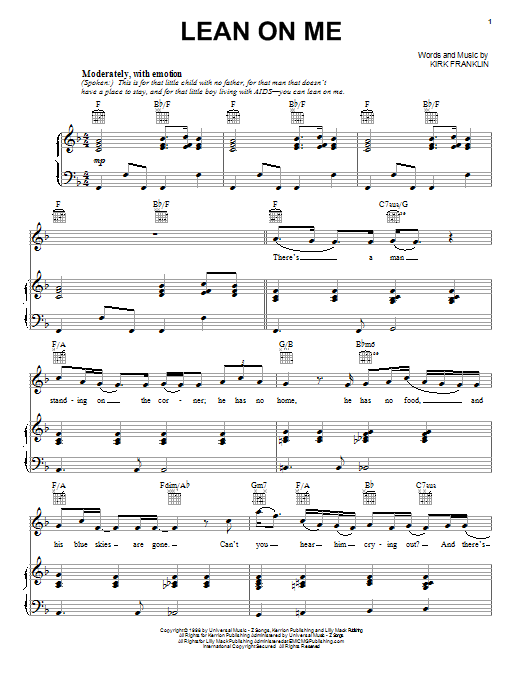 Learn to play Kirk Franklin Lean On Me sheet music for Piano, Vocal & Guitar Chords (Right-Hand Melody) in minutes. Price: 7.8900$ Kirk Franklin Lean On Me sheet music notes and chords arranged for Piano, Vocal & Guitar Chords (Right-Hand Melody)