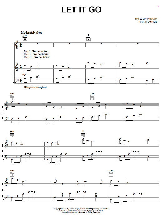 Learn to play Kirk Franklin Let It Go sheet music for Piano, Vocal & Guitar Chords (Right-Hand Melody) in minutes. Price: 7.8900$ Kirk Franklin Let It Go sheet music notes and chords arranged for Piano, Vocal & Guitar Chords (Right-Hand Melody)