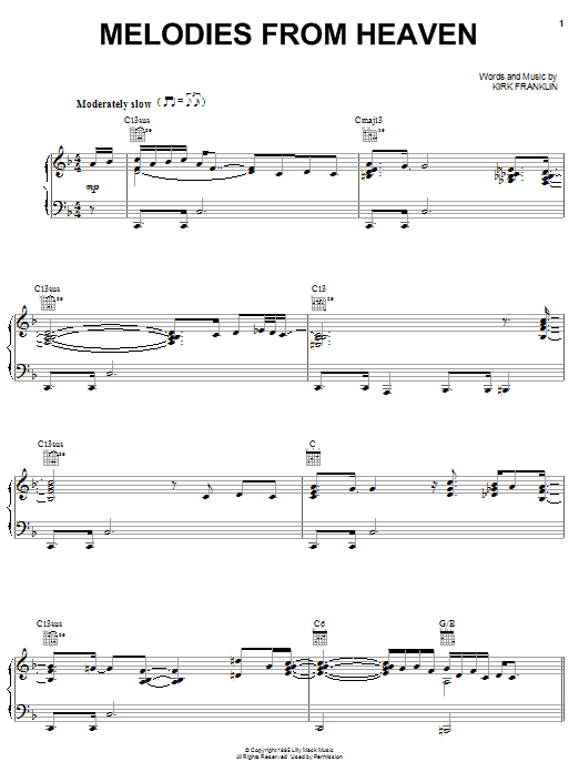 Learn to play Kirk Franklin Melodies From Heaven sheet music for Piano, Vocal & Guitar Chords (Right-Hand Melody) in minutes. Price: 7.8900$ Kirk Franklin Melodies From Heaven sheet music notes and chords arranged for Piano, Vocal & Guitar Chords (Right-Hand Melody)