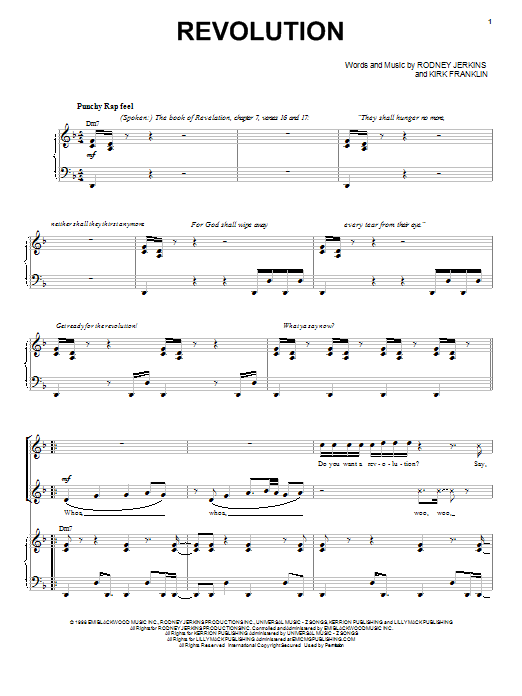 Learn to play Kirk Franklin Revolution sheet music for Piano, Vocal & Guitar Chords (Right-Hand Melody) in minutes. Price: 7.8900$ Kirk Franklin Revolution sheet music notes and chords arranged for Piano, Vocal & Guitar Chords (Right-Hand Melody)