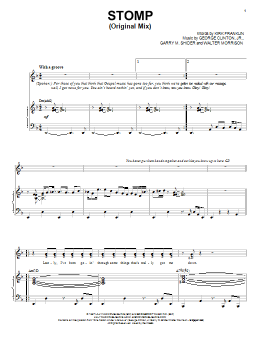 Learn to play Kirk Franklin Stomp (Original Mix) sheet music for Piano, Vocal & Guitar Chords (Right-Hand Melody) in minutes. Price: 7.8900$ Kirk Franklin Stomp (Original Mix) sheet music notes and chords arranged for Piano, Vocal & Guitar Chords (Right-Hand Melody)
