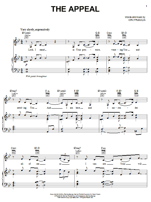 Learn to play Kirk Franklin The Appeal sheet music for Piano, Vocal & Guitar Chords (Right-Hand Melody) in minutes. Price: 7.8900$ Kirk Franklin The Appeal sheet music notes and chords arranged for Piano, Vocal & Guitar Chords (Right-Hand Melody)