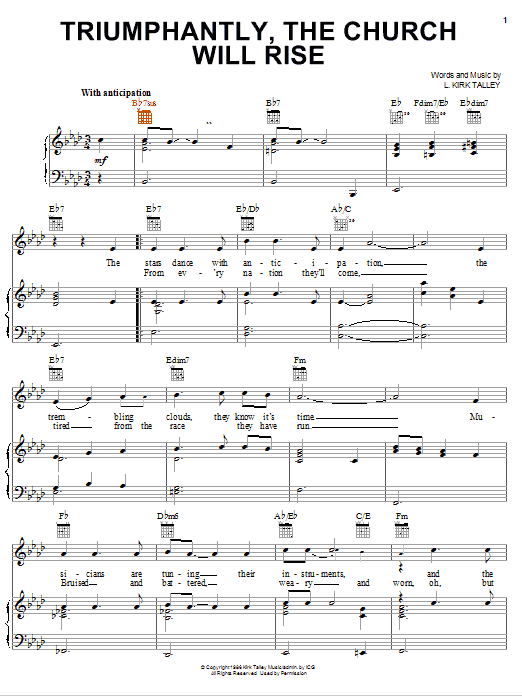 Learn to play Kirk Talley Triumphantly, The Church Will Rise sheet music for Piano, Vocal & Guitar Chords (Right-Hand Melody) in minutes. Price: 7.8900$ Kirk Talley Triumphantly, The Church Will Rise sheet music notes and chords arranged for Piano, Vocal & Guitar Chords (Right-Hand Melody)