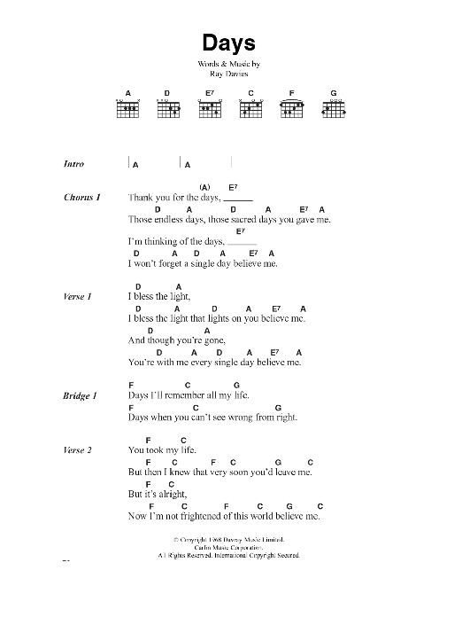 Kirsty MacColl Days sheet music notes and chords. Download Printable PDF.