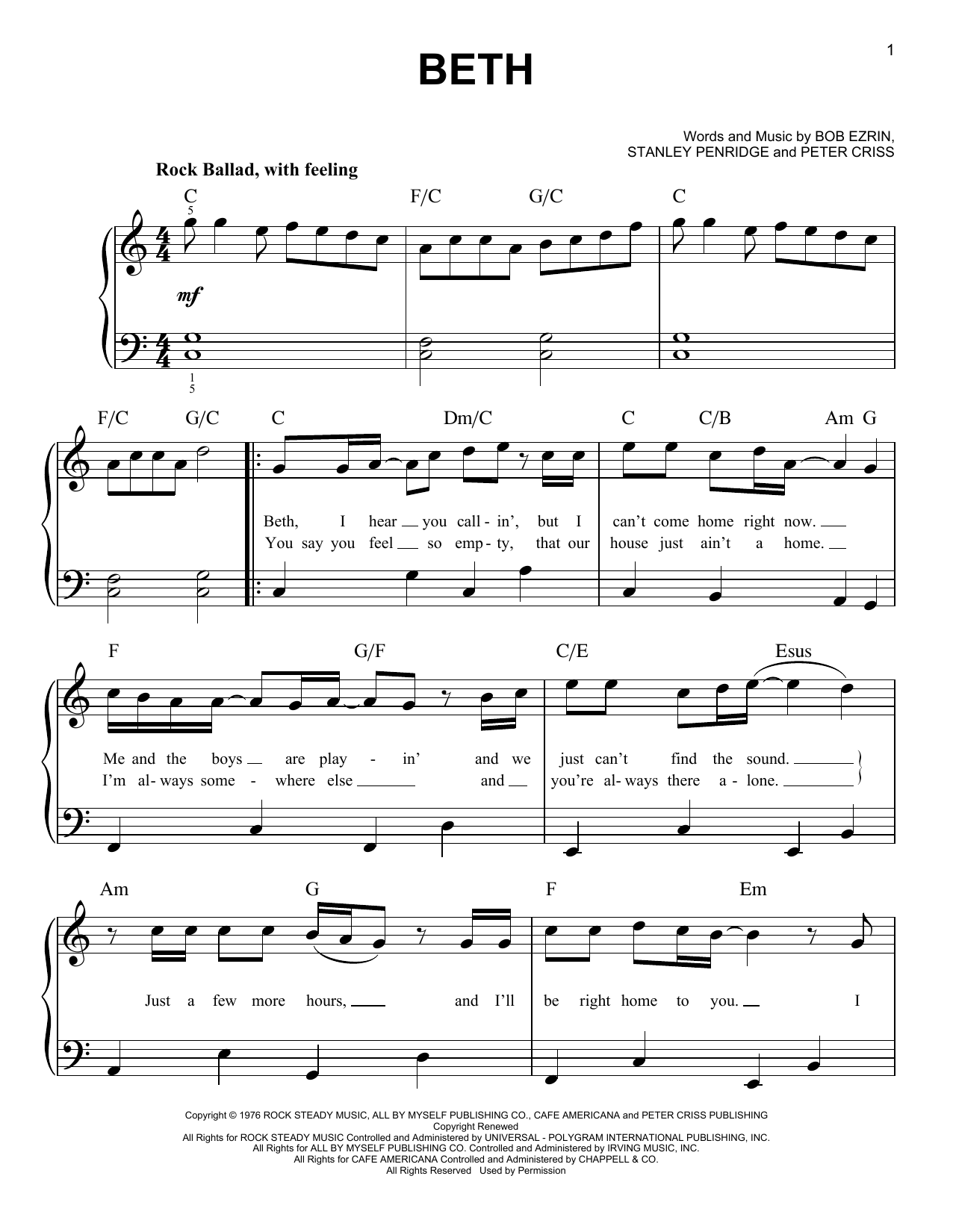 KISS Beth sheet music notes and chords. Download Printable PDF.