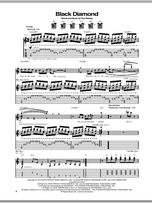 KISS Black Diamond sheet music notes and chords. Download Printable PDF.