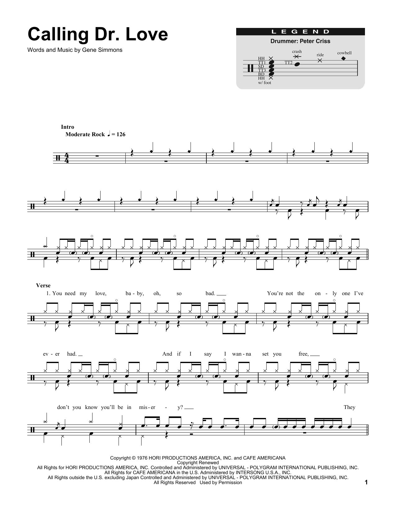 KISS Calling Dr. Love sheet music notes and chords. Download Printable PDF.