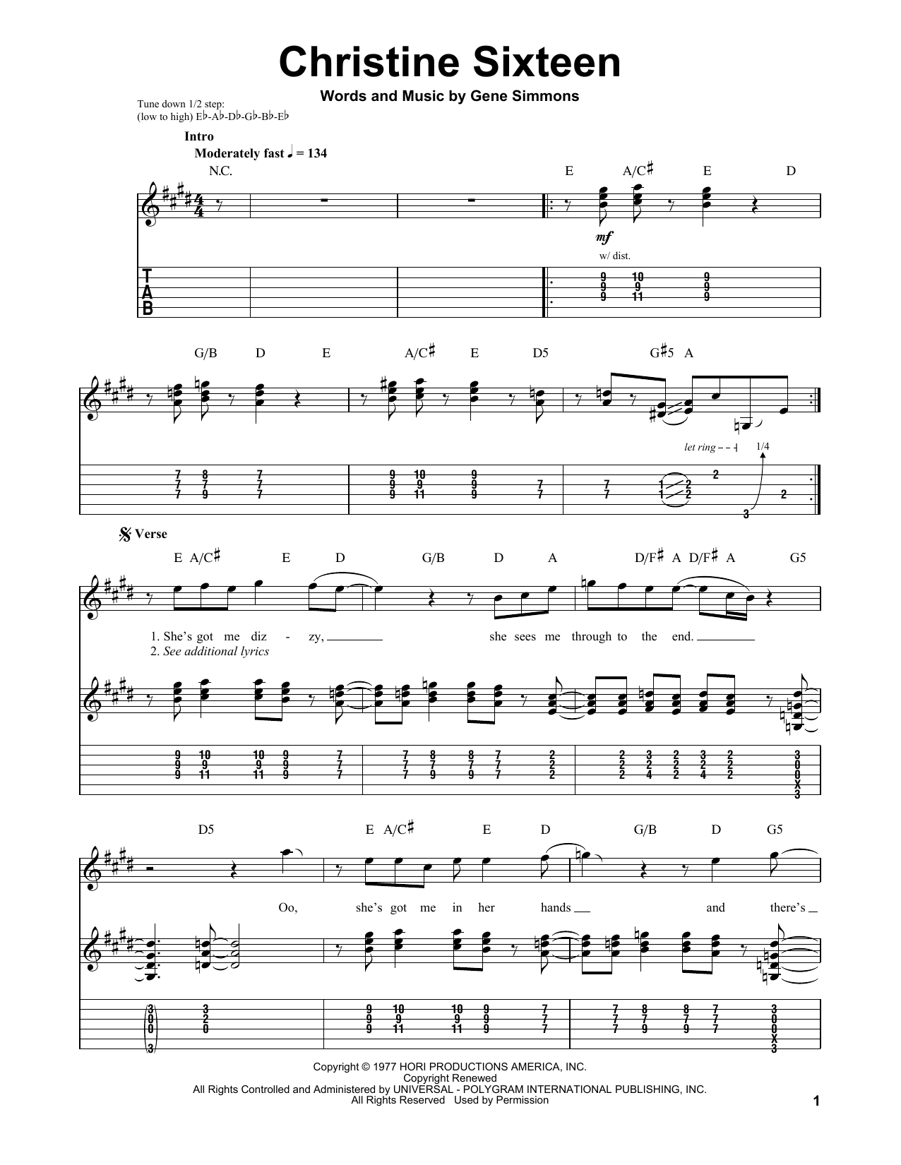 KISS Christine Sixteen sheet music notes and chords. Download Printable PDF.