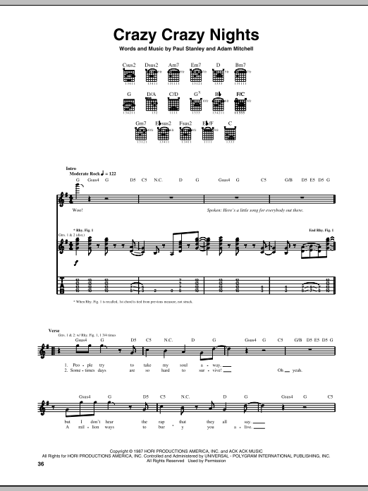 KISS Crazy Crazy Nights sheet music notes and chords. Download Printable PDF.