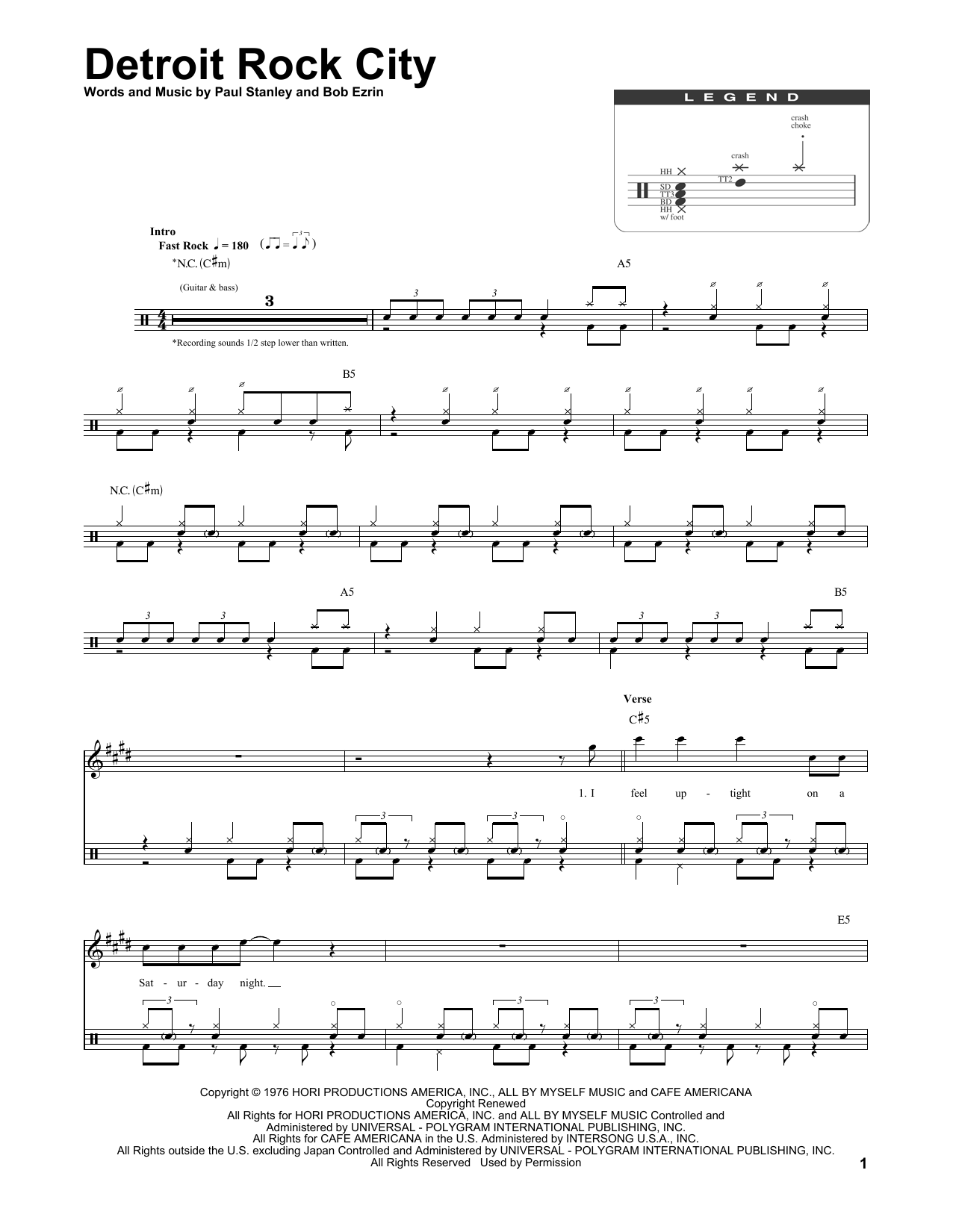 KISS Detroit Rock City sheet music notes and chords. Download Printable PDF.