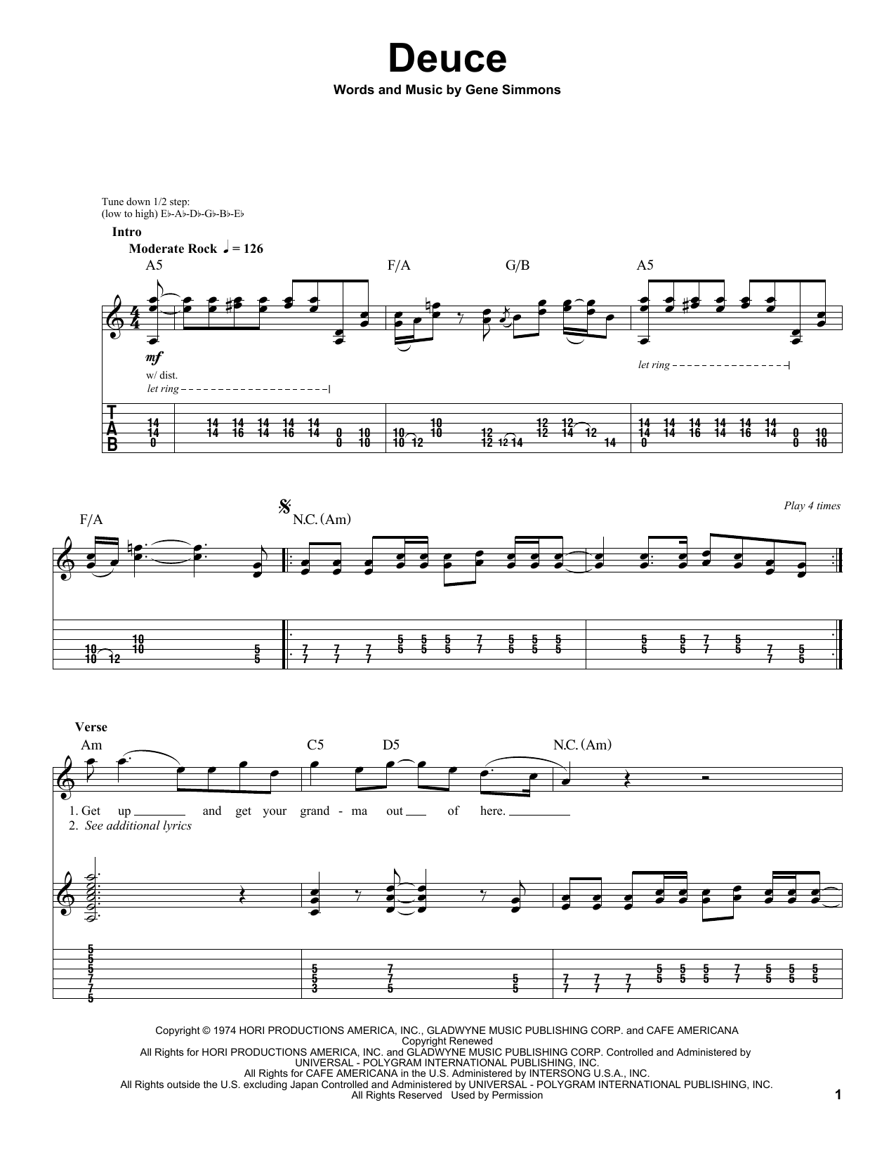 KISS Deuce sheet music notes and chords. Download Printable PDF.