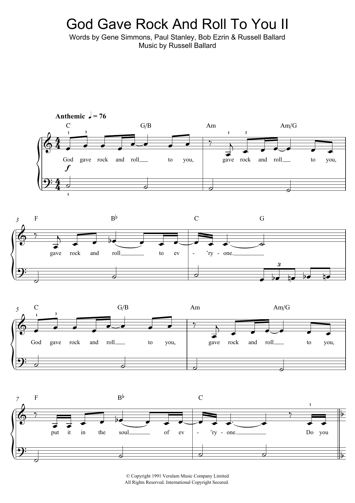Learn to play KISS God Gave Rock And Roll To You II sheet music for Beginner Piano (Abridged) in minutes. Price: 5.9900$ KISS God Gave Rock And Roll To You II sheet music notes and chords arranged for Beginner Piano (Abridged)