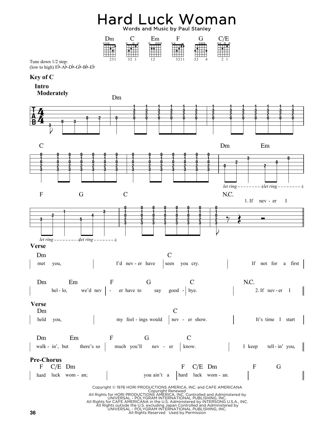 KISS Hard Luck Woman sheet music notes and chords. Download Printable PDF.