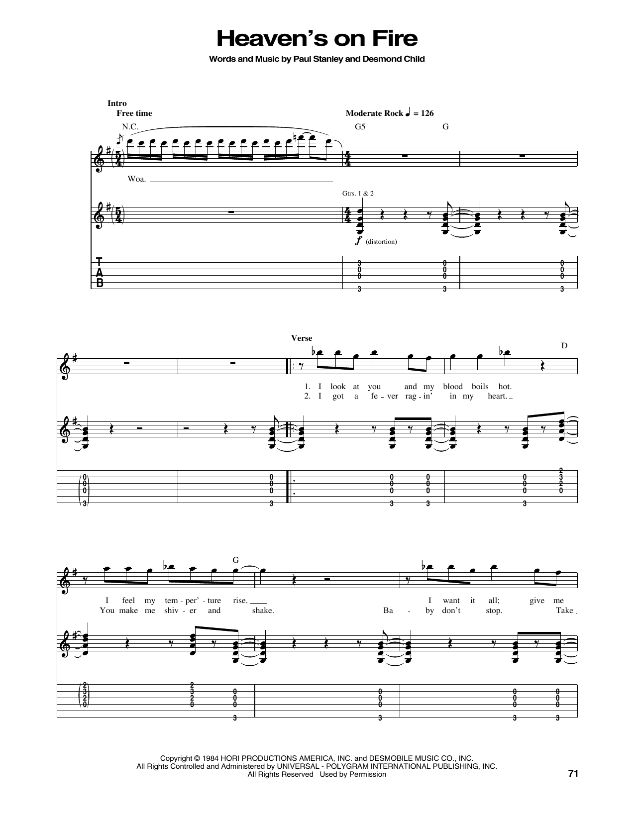 KISS Heaven's On Fire sheet music notes and chords. Download Printable PDF.