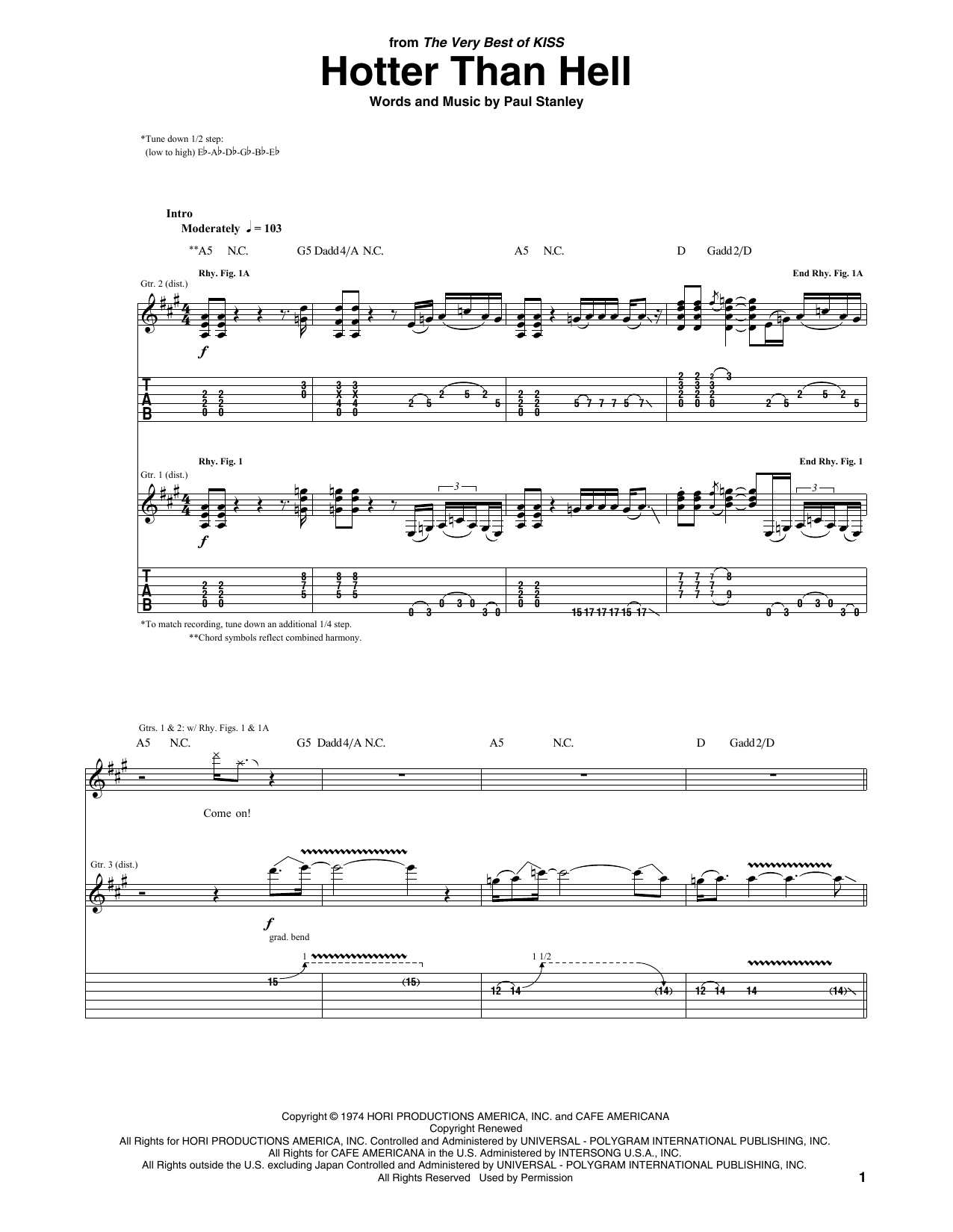Learn to play KISS Hotter Than Hell sheet music for Guitar Tab in minutes. Price: 7.8900$ KISS Hotter Than Hell sheet music notes and chords arranged for Guitar Tab