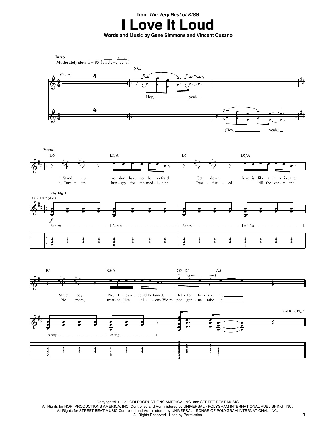 KISS I Love It Loud sheet music notes and chords. Download Printable PDF.