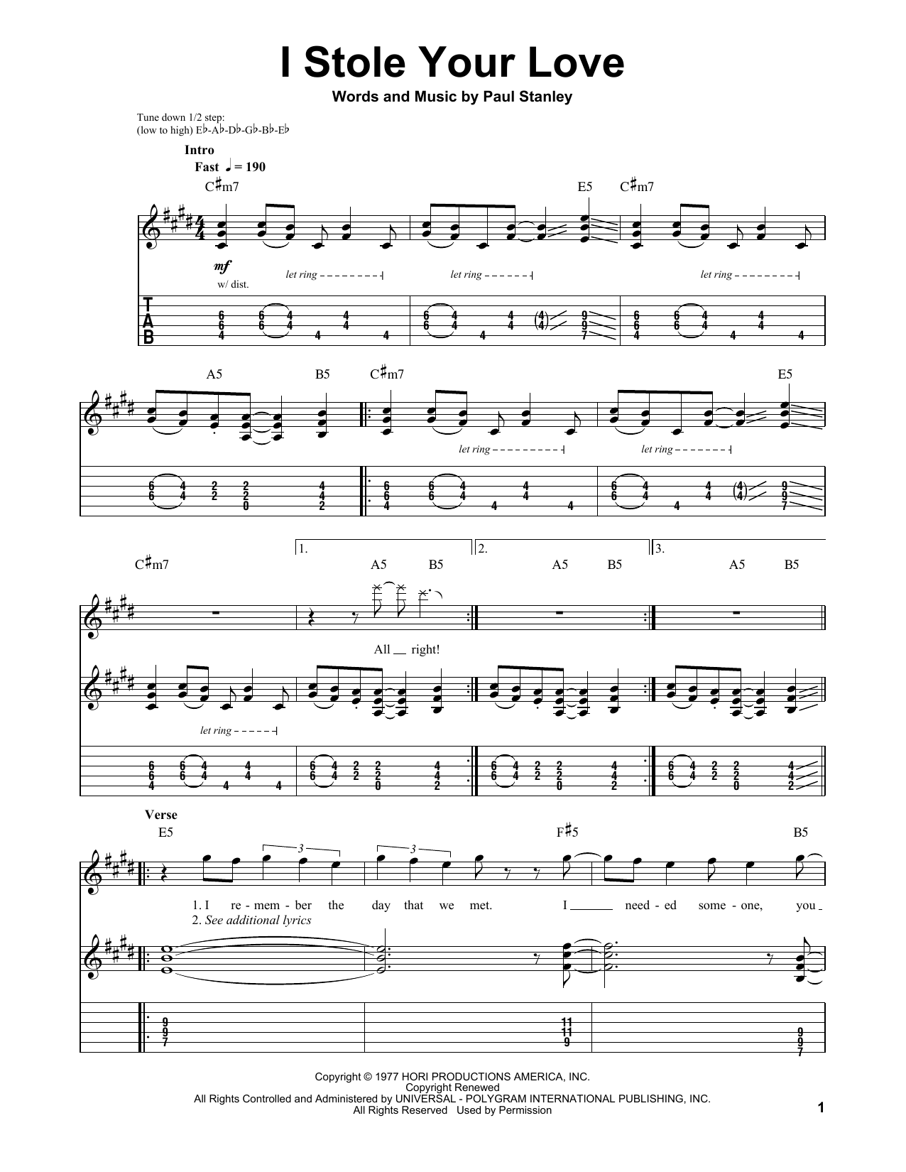 KISS I Stole Your Love sheet music notes and chords. Download Printable PDF.