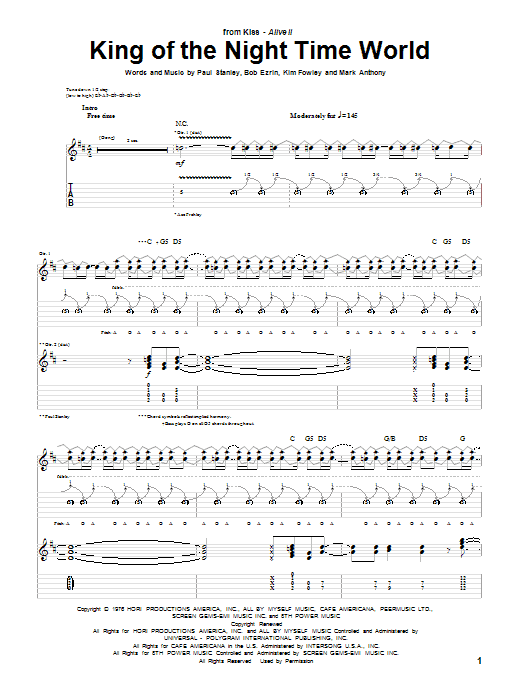 Learn to play KISS King Of The Night Time World sheet music for Guitar Tab in minutes. Price: 7.8900$ KISS King Of The Night Time World sheet music notes and chords arranged for Guitar Tab