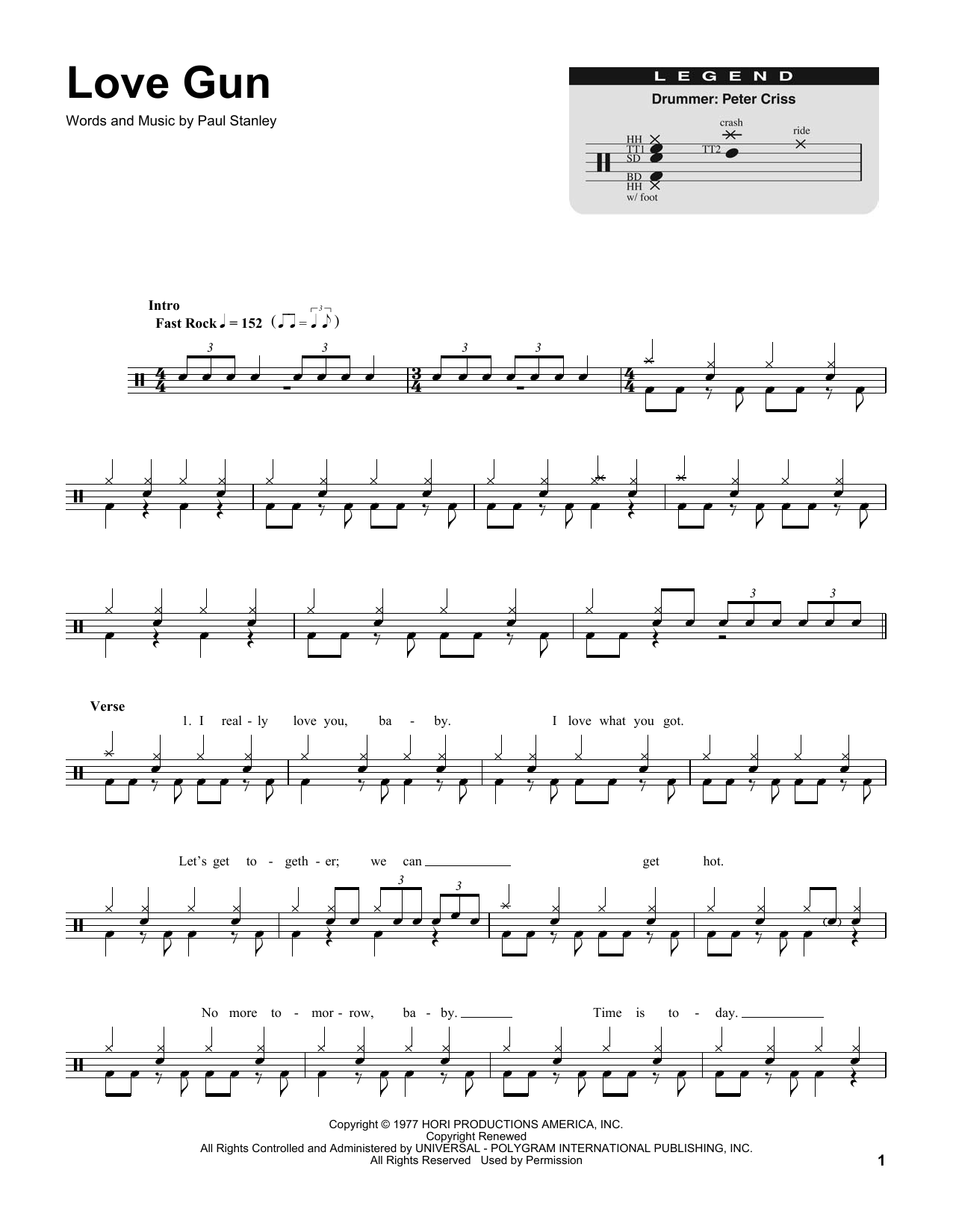 KISS Love Gun sheet music notes and chords. Download Printable PDF.