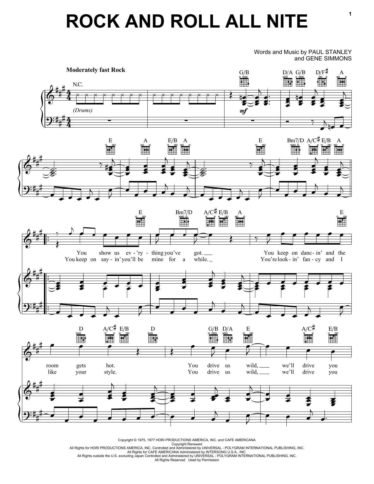 KISS Rock And Roll All Nite sheet music notes and chords. Download Printable PDF.