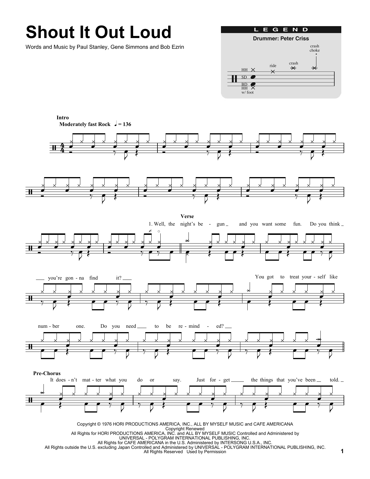 KISS Shout It Out Loud sheet music notes and chords. Download Printable PDF.