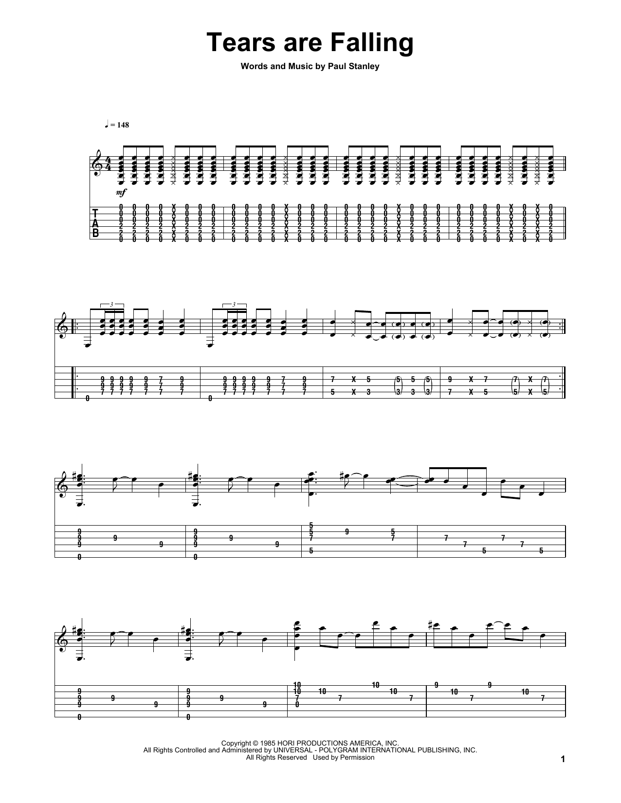 KISS Tears Are Falling sheet music notes and chords. Download Printable PDF.