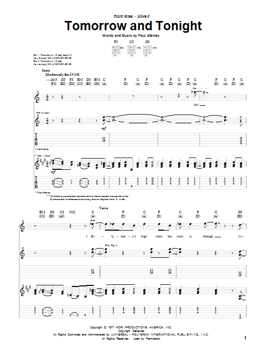 Learn to play KISS Tomorrow And Tonight sheet music for Guitar Tab in minutes. Price: 7.8900$ KISS Tomorrow And Tonight sheet music notes and chords arranged for Guitar Tab