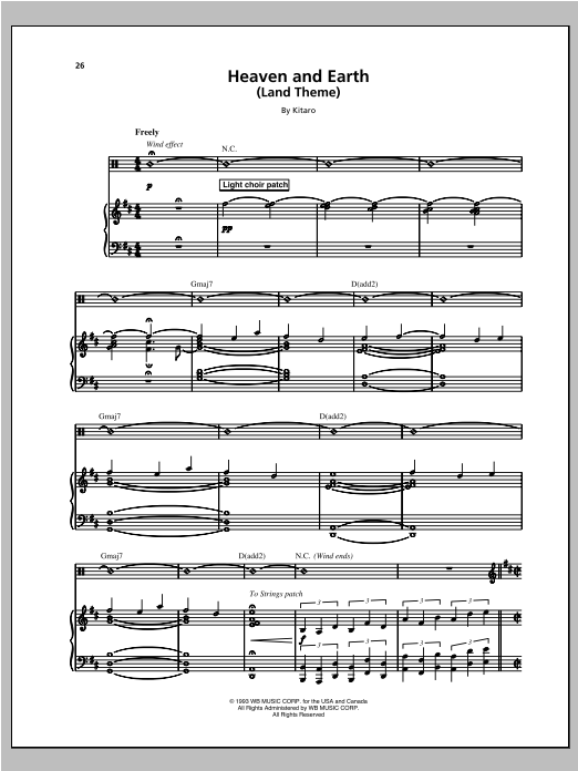 Kitaro Heaven And Earth (Land Theme) sheet music notes and chords. Download Printable PDF.