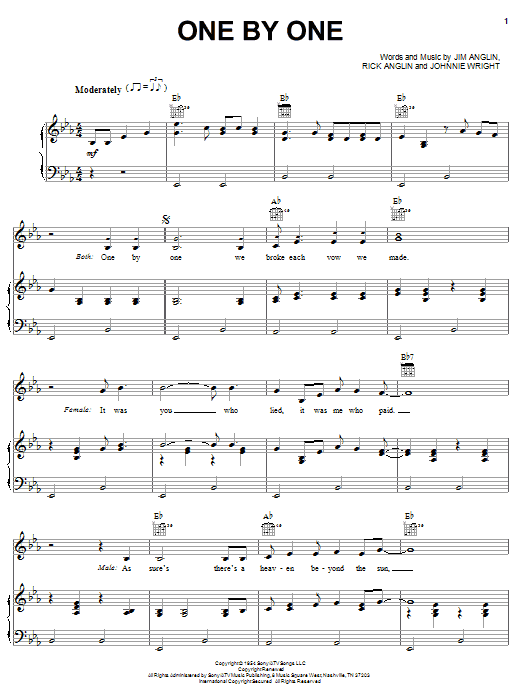 Learn to play Kitty Wells & Red Foley One By One sheet music for Piano, Vocal & Guitar Chords (Right-Hand Melody) in minutes. Price: 7.8900$ Kitty Wells & Red Foley One By One sheet music notes and chords arranged for Piano, Vocal & Guitar Chords (Right-Hand Melody)