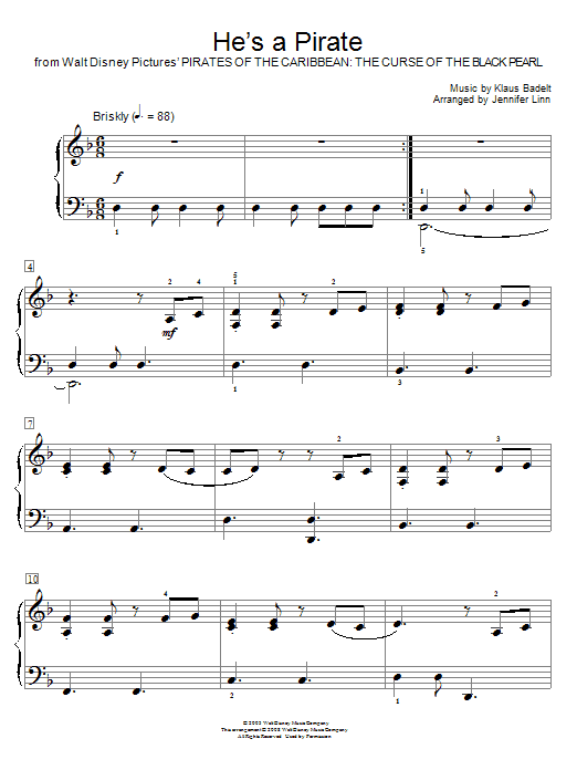 Klaus Badelt He's A Pirate (from Pirates Of The Caribbean: The Curse of the Black Pearl) (arr. Jennifer Linn) sheet music notes and chords. Download Printable PDF.