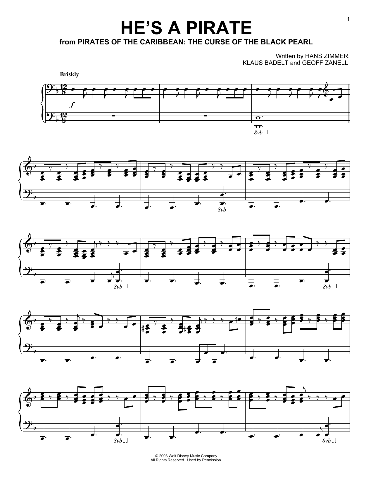 Klaus Badelt He's A Pirate (from Pirates Of The Caribbean: The Curse of the Black Pearl) sheet music notes and chords. Download Printable PDF.