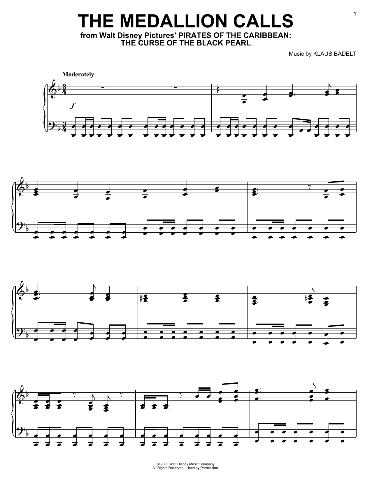 Klaus Badelt The Medallion Calls sheet music notes and chords. Download Printable PDF.