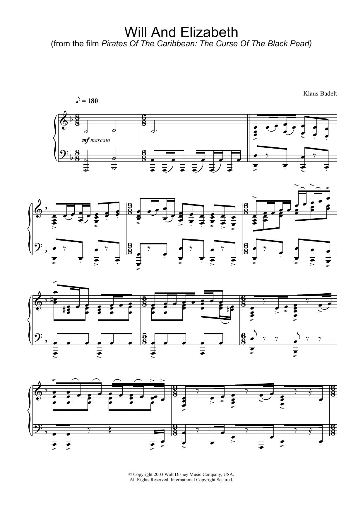 Learn to play Klaus Badelt Will And Elizabeth (from Pirates Of The Caribbean: The Curse Of The Black Pearl) sheet music for Piano Solo in minutes. Price: 7.8900$ Klaus Badelt Will And Elizabeth (from Pirates Of The Caribbean: The Curse Of The Black Pearl) sheet music notes and chords arranged for Piano Solo