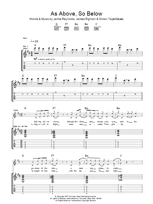 Learn to play Klaxons As Above So Below sheet music for Guitar Tab in minutes. Price: 7.8900$ Klaxons As Above So Below sheet music notes and chords arranged for Guitar Tab