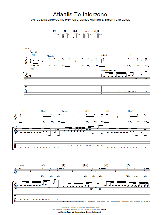 Learn to play Klaxons Atlantis To Interzone sheet music for Guitar Tab in minutes. Price: 7.8900$ Klaxons Atlantis To Interzone sheet music notes and chords arranged for Guitar Tab