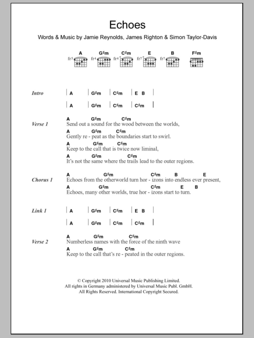 Klaxons Echoes sheet music notes and chords arranged for Piano, Vocal & Guitar Chords