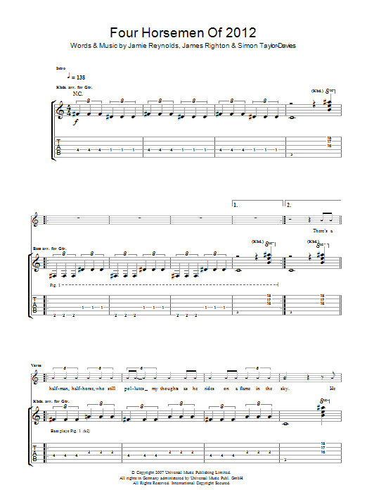 Learn to play Klaxons Four Horsemen Of 2012 sheet music for Guitar Tab in minutes. Price: 7.8900$ Klaxons Four Horsemen Of 2012 sheet music notes and chords arranged for Guitar Tab