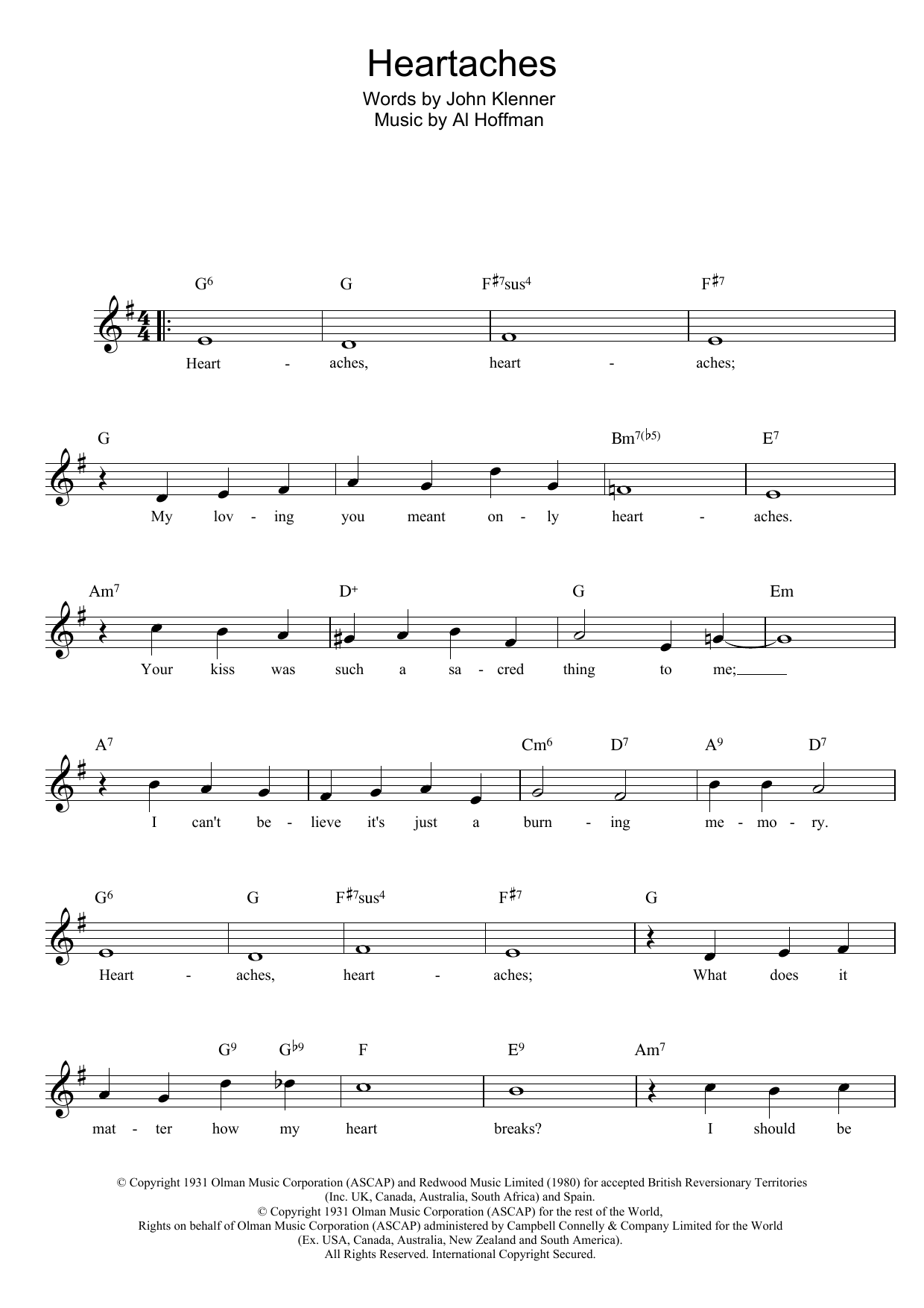 Learn to play Klenner And Hoffman Heartaches sheet music for Lead Sheet / Fake Book in minutes. Price: 5.9900$ Klenner And Hoffman Heartaches sheet music notes and chords arranged for Lead Sheet / Fake Book