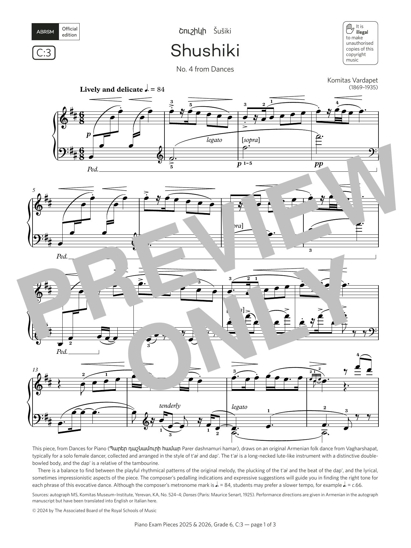 Komitas Vardapet Shushiki (Grade 6, list C3, from the ABRSM Piano Syllabus 2025 & 2026) sheet music notes and chords. Download Printable PDF.