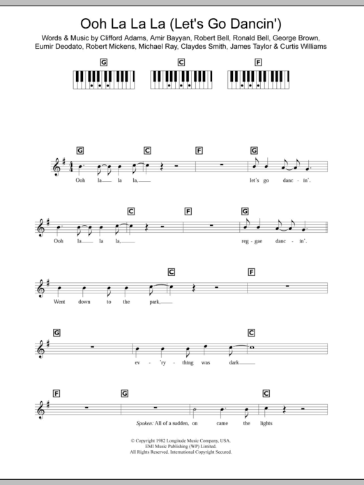 Learn to play Kool And The Gang Ooh La La La (Let's Go Dancin') sheet music for Piano Chords/Lyrics in minutes. Price: 3.9900$ Kool And The Gang Ooh La La La (Let's Go Dancin') sheet music notes and chords arranged for Piano Chords/Lyrics
