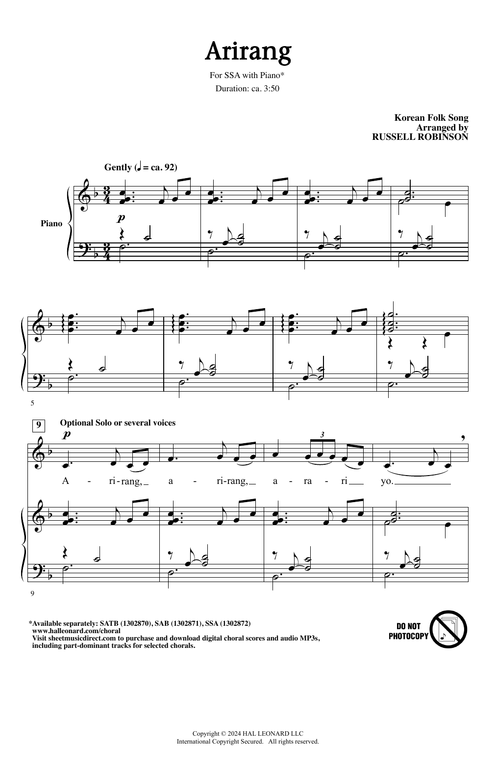 Korean folk song Arirang (arr. Russell Robinson) sheet music notes and chords. Download Printable PDF.