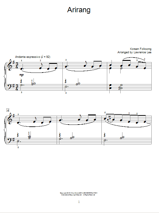 Traditional Korean Folk Song Arirang sheet music notes and chords. Download Printable PDF.