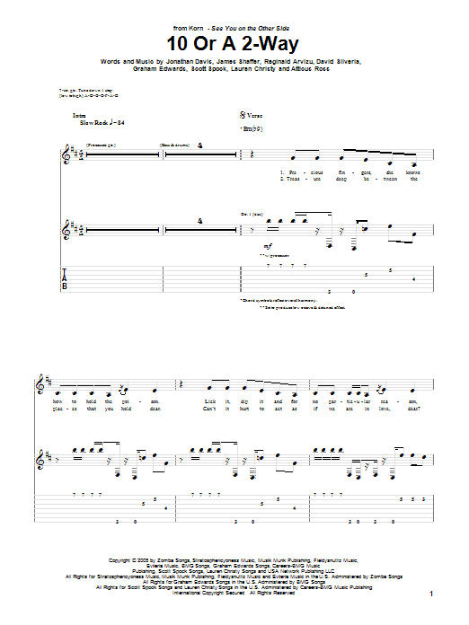 Learn to play Korn 10 Or A 2-Way sheet music for Guitar Tab in minutes. Price: 7.8900$ Korn 10 Or A 2-Way sheet music notes and chords arranged for Guitar Tab
