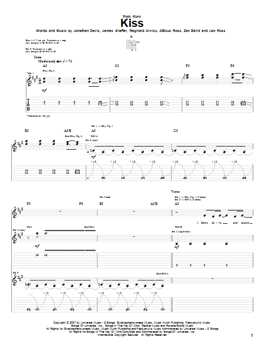 Korn Kiss sheet music notes and chords. Download Printable PDF.